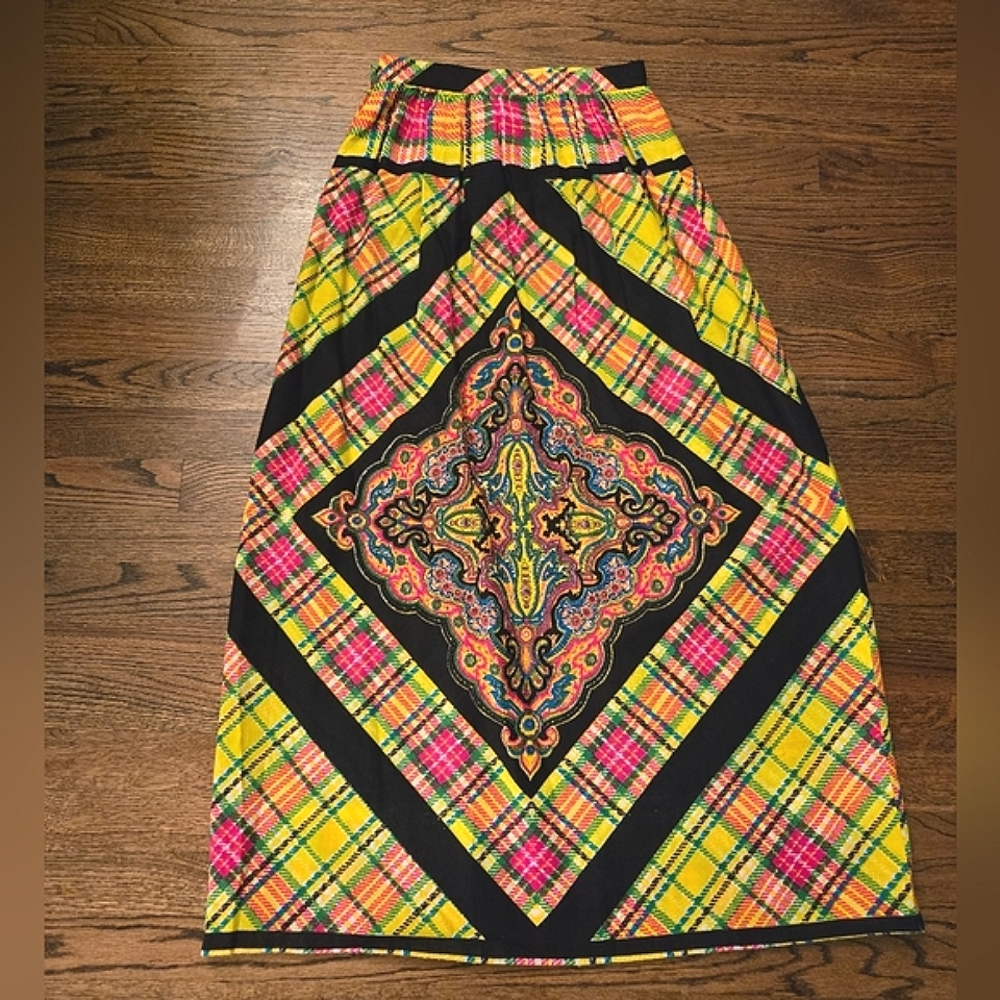 Vintage Neon Paisley Maxi Festival Skirt